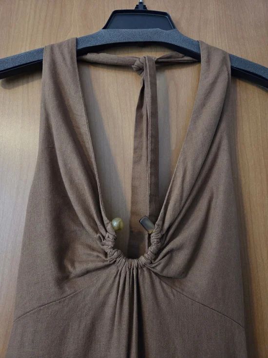 ZARA Black Label Taupe Backless Maxi Dress with Knotted Front Halter Size M - Picture 9 of 10